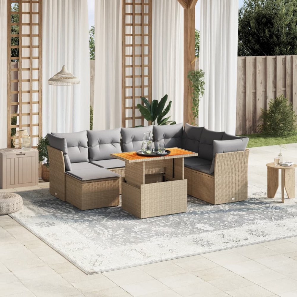 vidaXL Matgrupp för trädgården med dynor 8 delar beige konstrotting