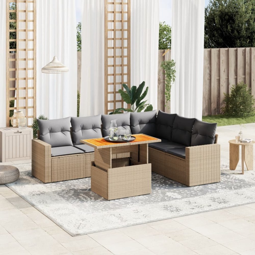 vidaXL Matgrupp för trädgården med dynor 7 delar beige konstrotting