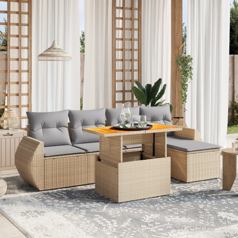 vidaXL Soffgrupp för trädgården med dynor 6 delar beige konstrotting