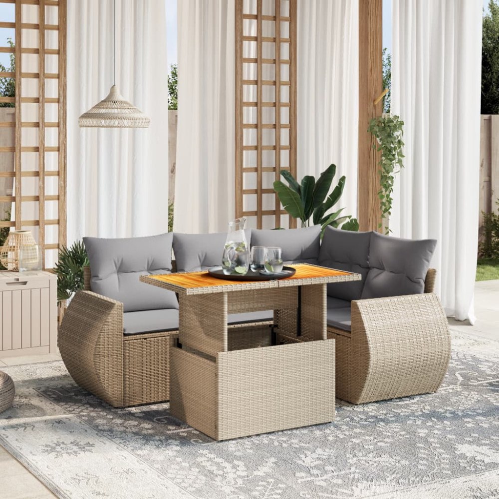 vidaXL Soffgrupp för trädgården med dynor 5 delar beige konstrotting