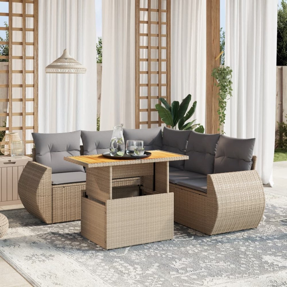 vidaXL Soffgrupp för trädgården med dynor 6 delar beige konstrotting