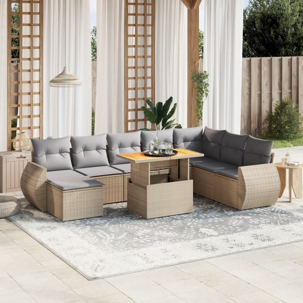 vidaXL Soffgrupp för trädgården med dynor 9 delar beige konstrotting