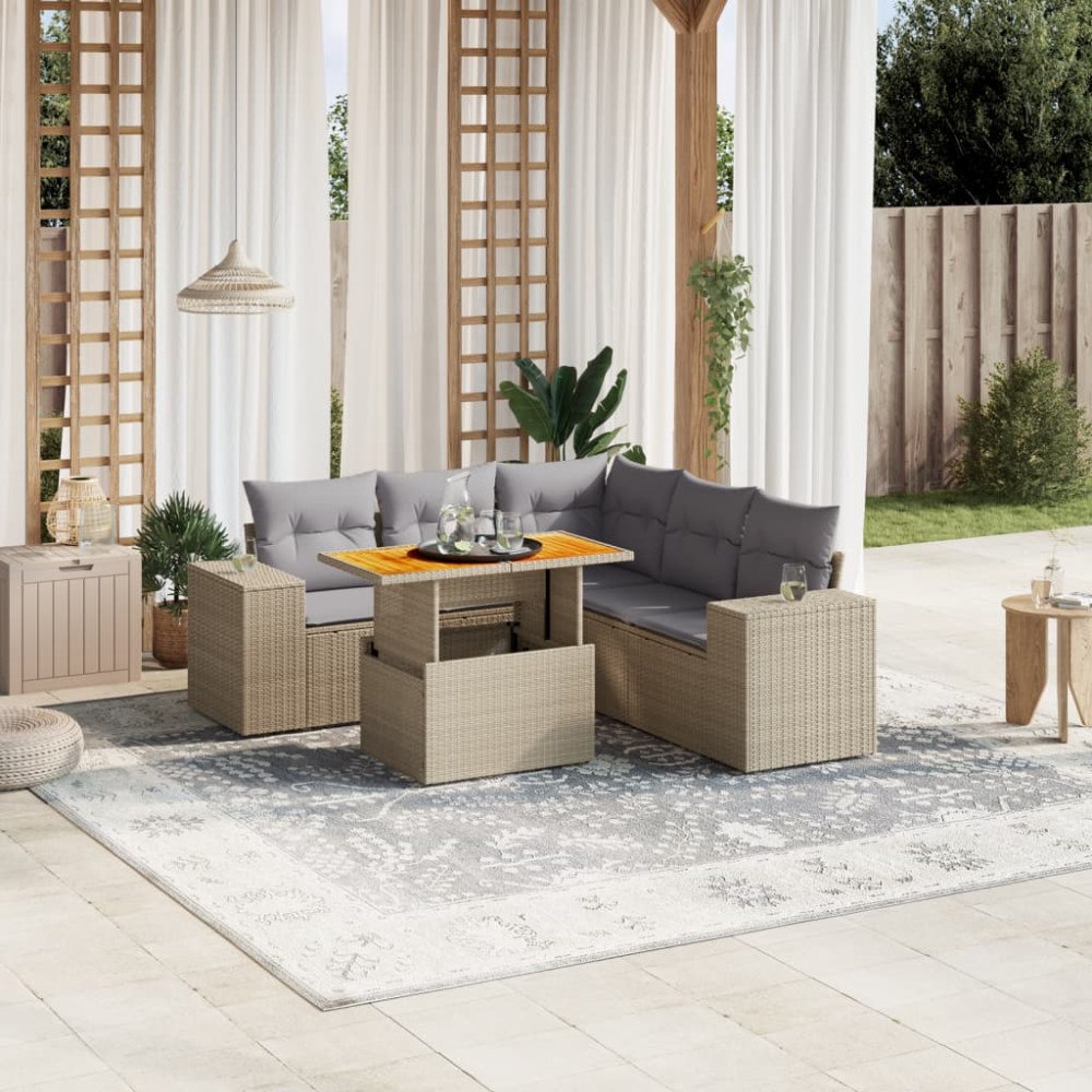 vidaXL Soffgrupp för trädgården med dynor 6 delar beige konstrotting