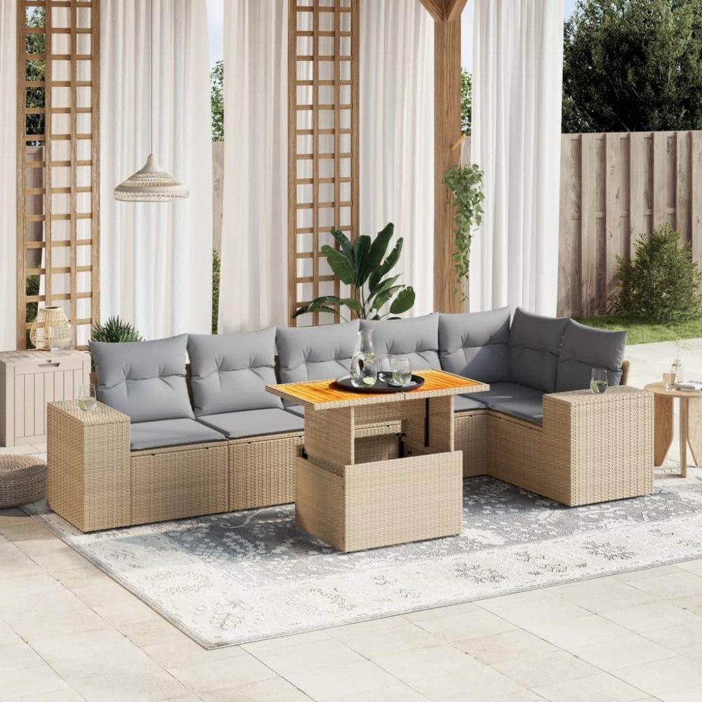 vidaXL Matgrupp för trädgården med dynor 7 delar beige konstrotting