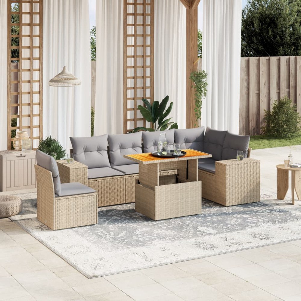 vidaXL Matgrupp för trädgården med dynor 7 delar beige konstrotting