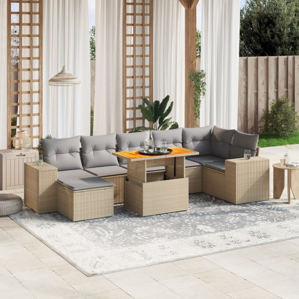 vidaXL Matgrupp för trädgården med dynor 8 delar beige konstrotting