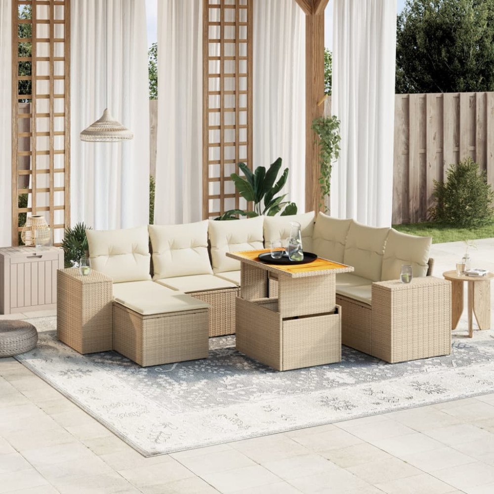 vidaXL Matgrupp för trädgården med dynor 8 delar beige konstrotting