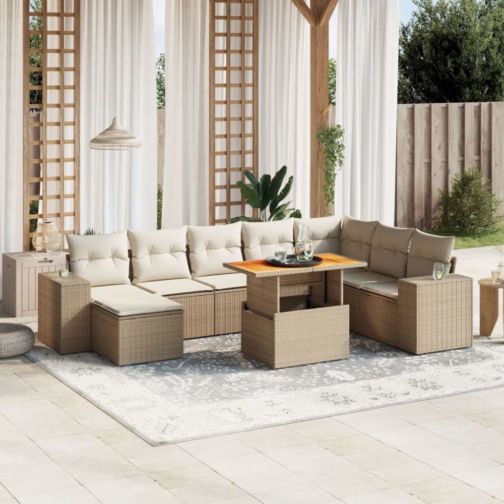 vidaXL Soffgrupp för trädgården med dynor 9 delar beige konstrotting