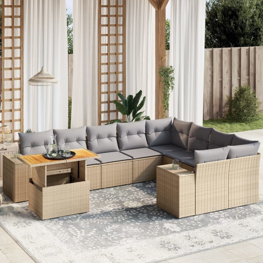 vidaXL Soffgrupp för trädgård med dynor 10 delar beige konstrotting