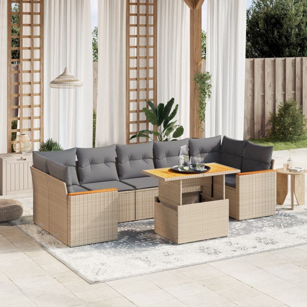 vidaXL Matgrupp för trädgården med dynor 8 delar beige konstrotting