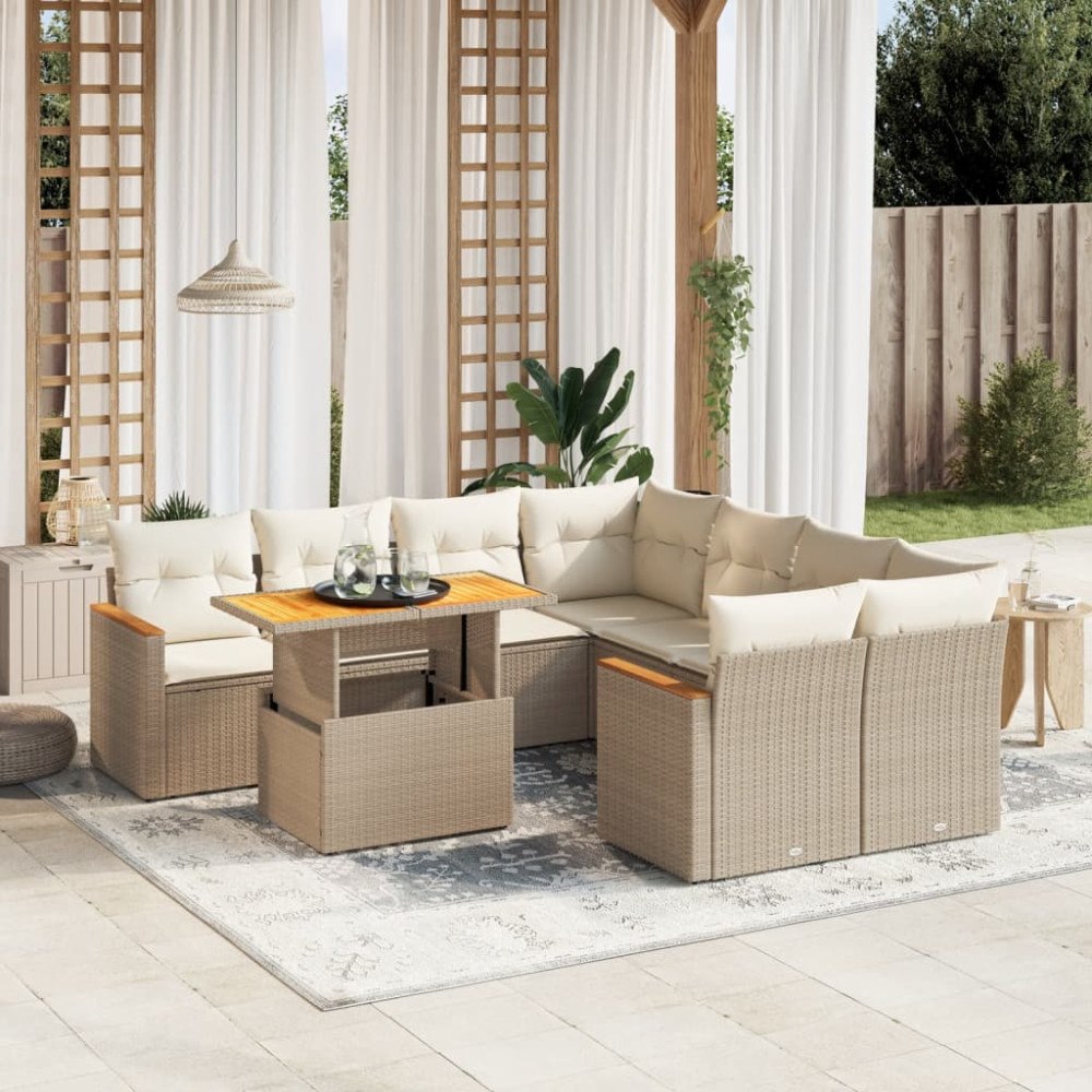 vidaXL Soffgrupp för trädgården med dynor 9 delar beige konstrotting