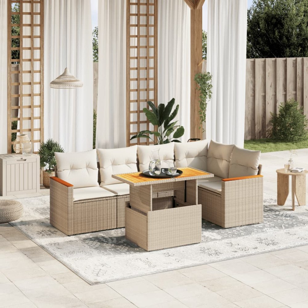 vidaXL Soffgrupp för trädgården med dynor 6 delar beige konstrotting