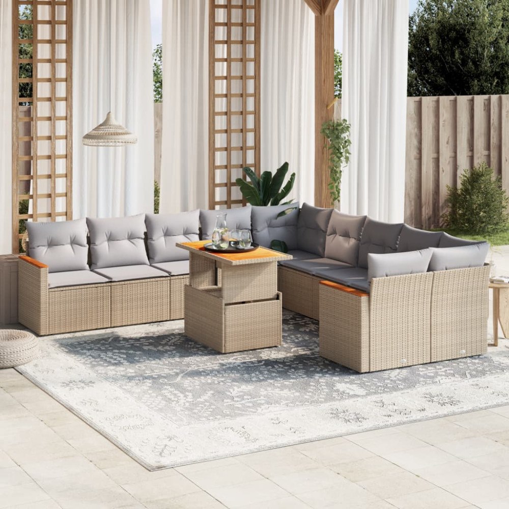 vidaXL Loungegrupp för trädgården m. dynor 11 delar beige konstrotting