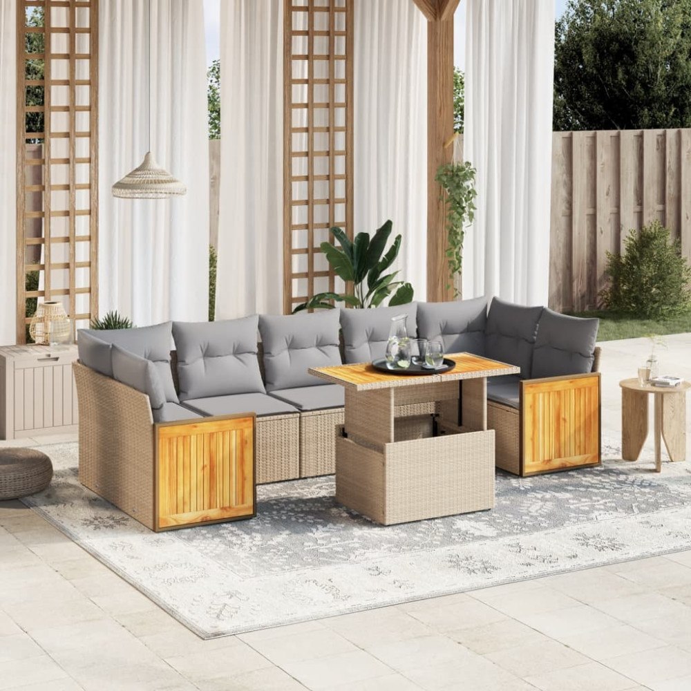vidaXL Matgrupp för trädgården med dynor 8 delar beige konstrotting