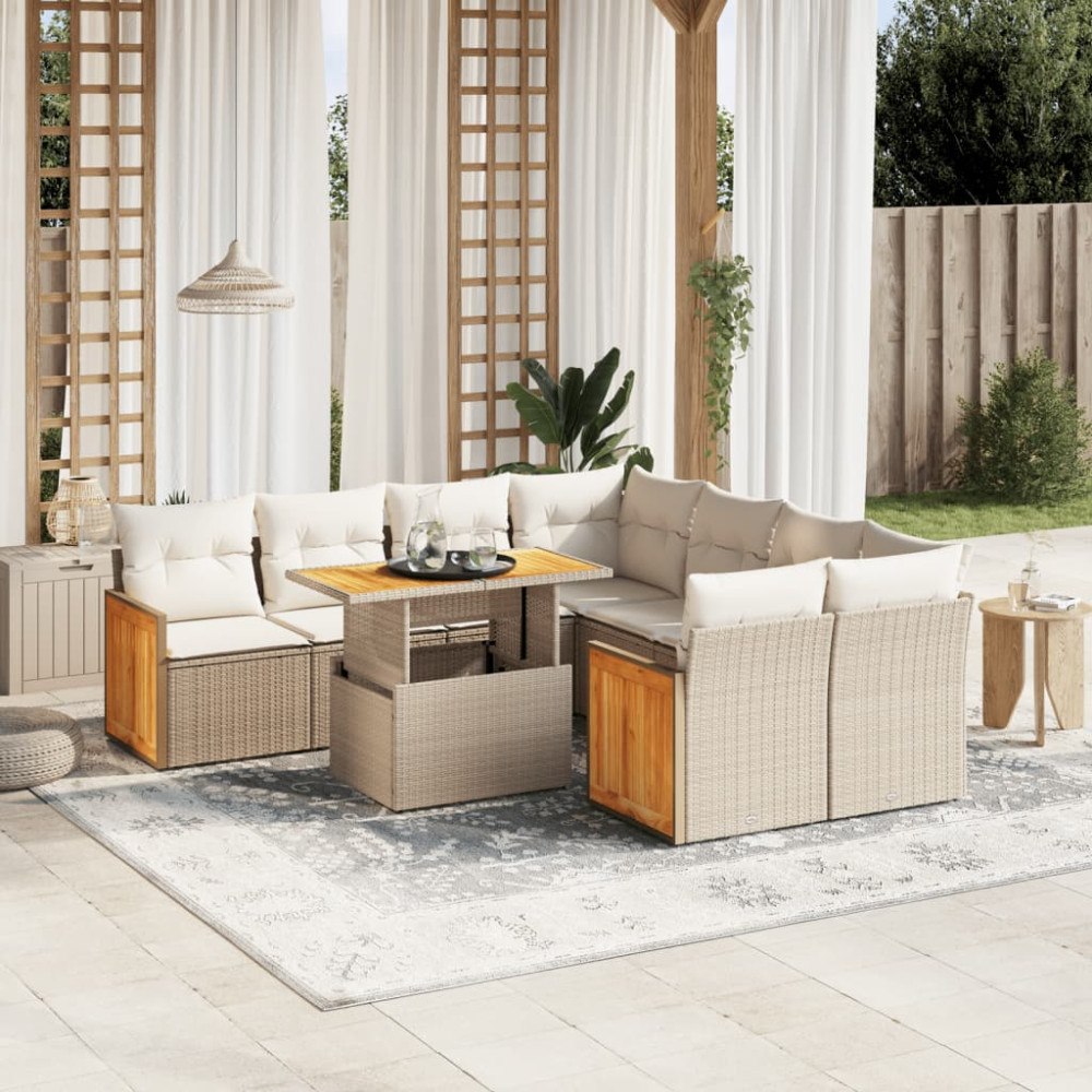 vidaXL Soffgrupp för trädgården med dynor 9 delar beige konstrotting