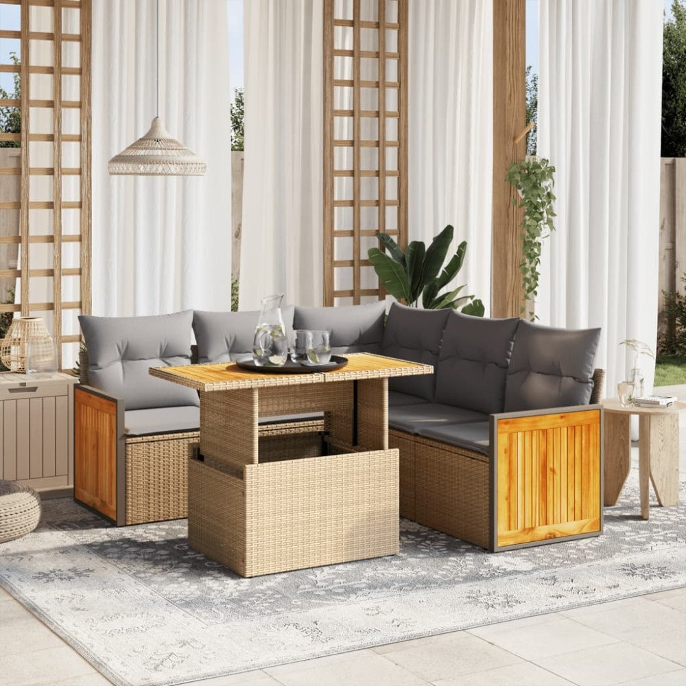 vidaXL Soffgrupp för trädgården med dynor 6 delar beige konstrotting