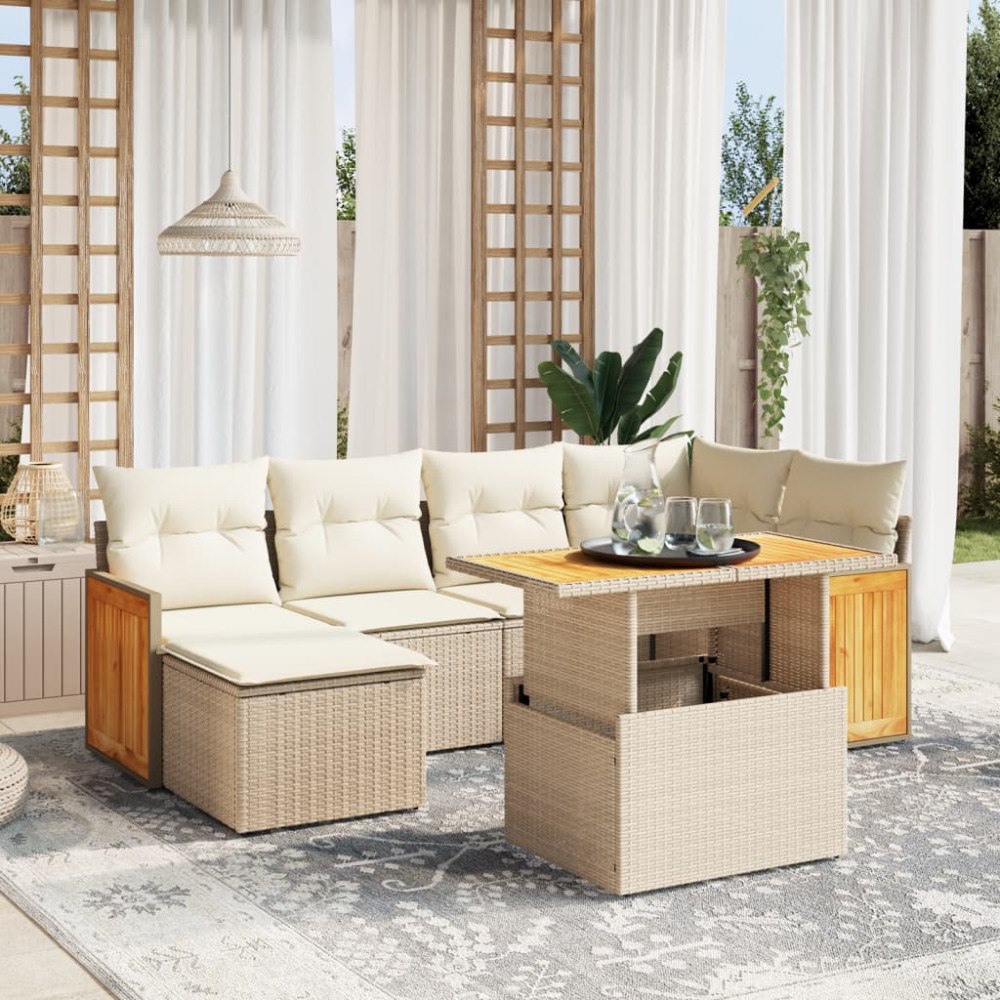 vidaXL Matgrupp för trädgården med dynor 7 delar beige konstrotting