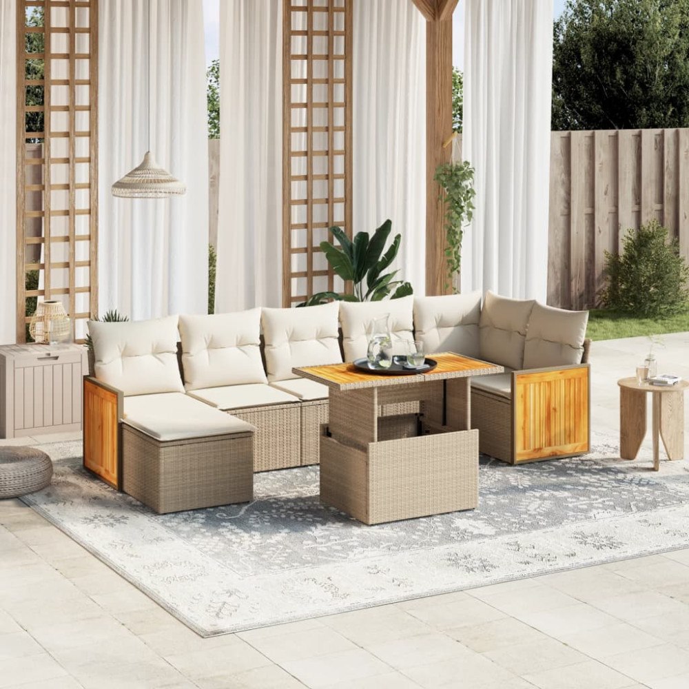vidaXL Matgrupp för trädgården med dynor 8 delar beige konstrotting