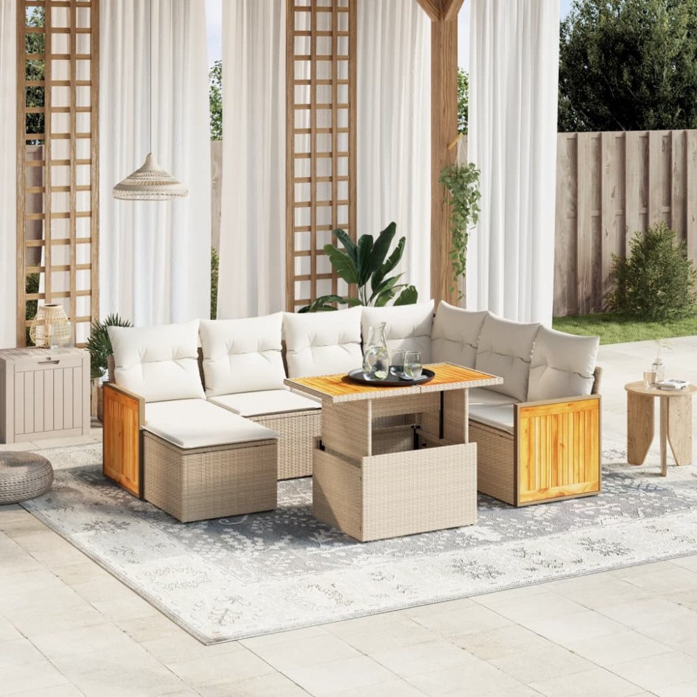 vidaXL Matgrupp för trädgården med dynor 8 delar beige konstrotting