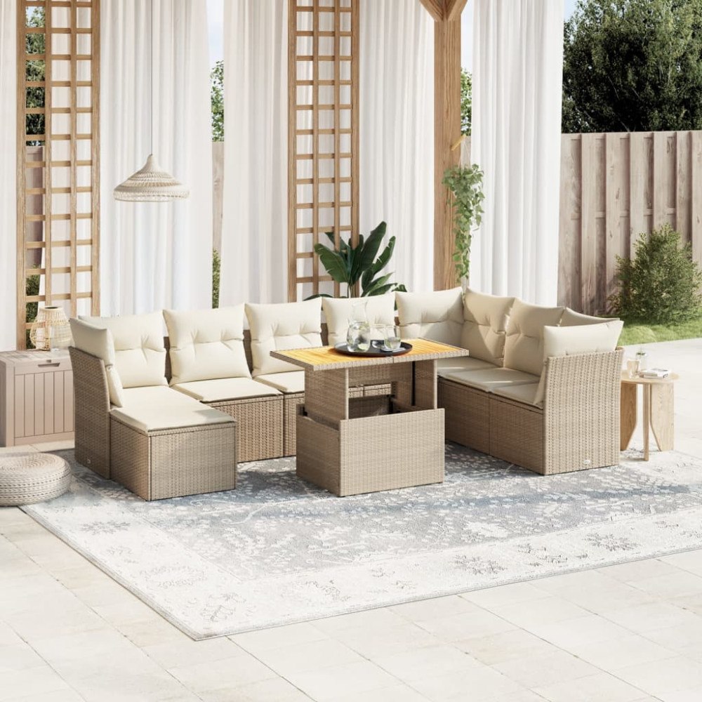 vidaXL Soffgrupp för trädgården med dynor 9 delar beige konstrotting