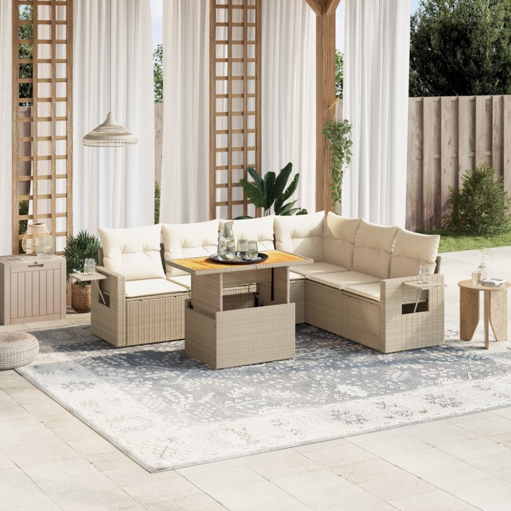 vidaXL Matgrupp för trädgården med dynor 7 delar beige konstrotting