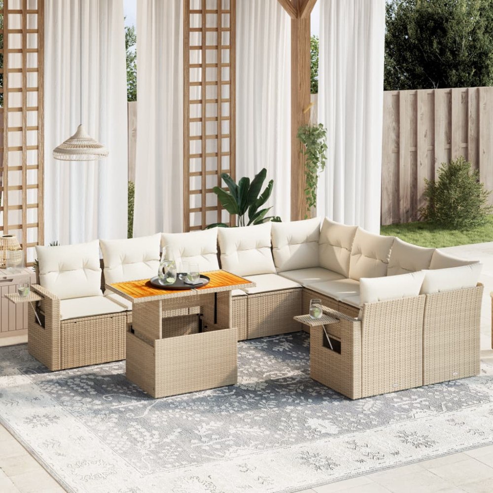 vidaXL Soffgrupp för trädgård med dynor 10 delar beige konstrotting