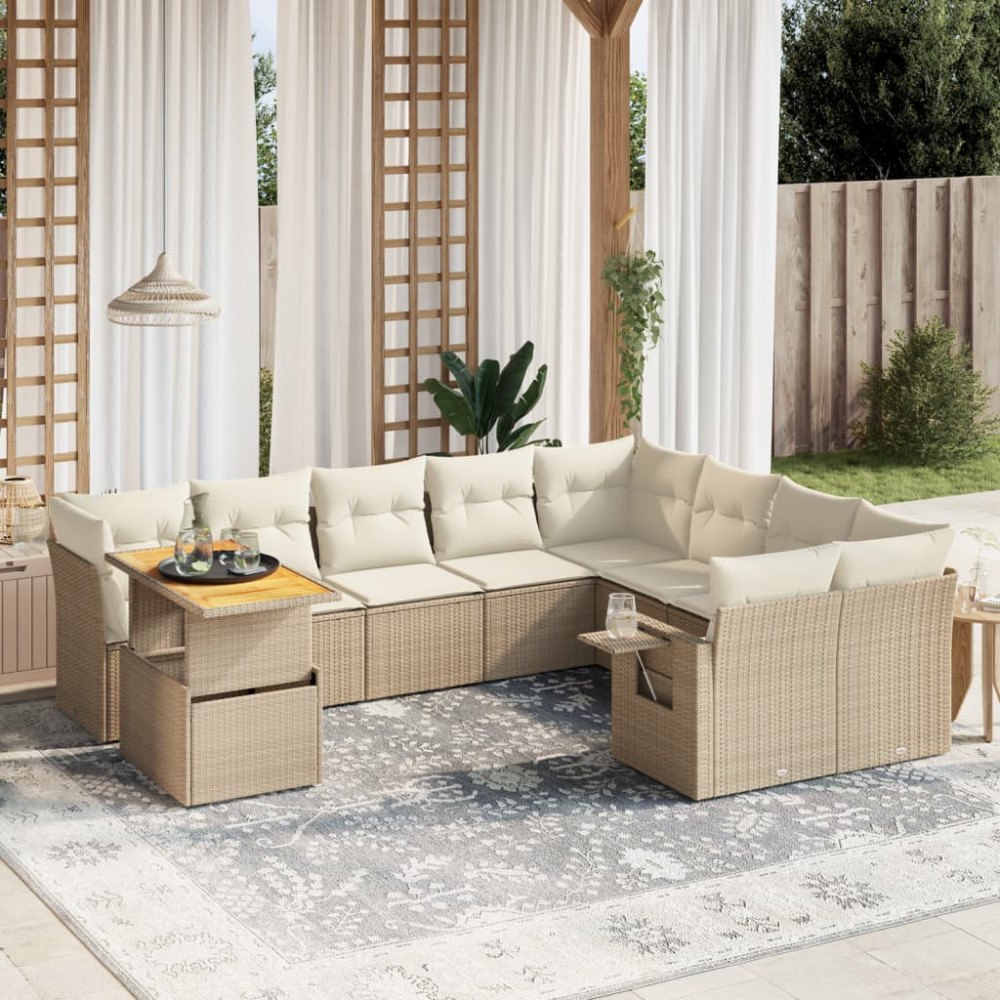 vidaXL Soffgrupp för trädgård med dynor 10 delar beige konstrotting
