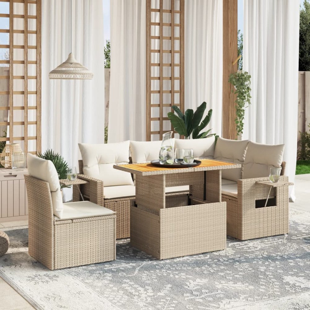vidaXL Soffgrupp för trädgården med dynor 6 delar beige konstrotting