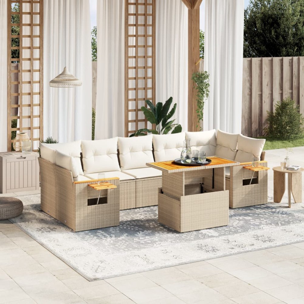vidaXL Matgrupp för trädgården med dynor 8 delar beige konstrotting