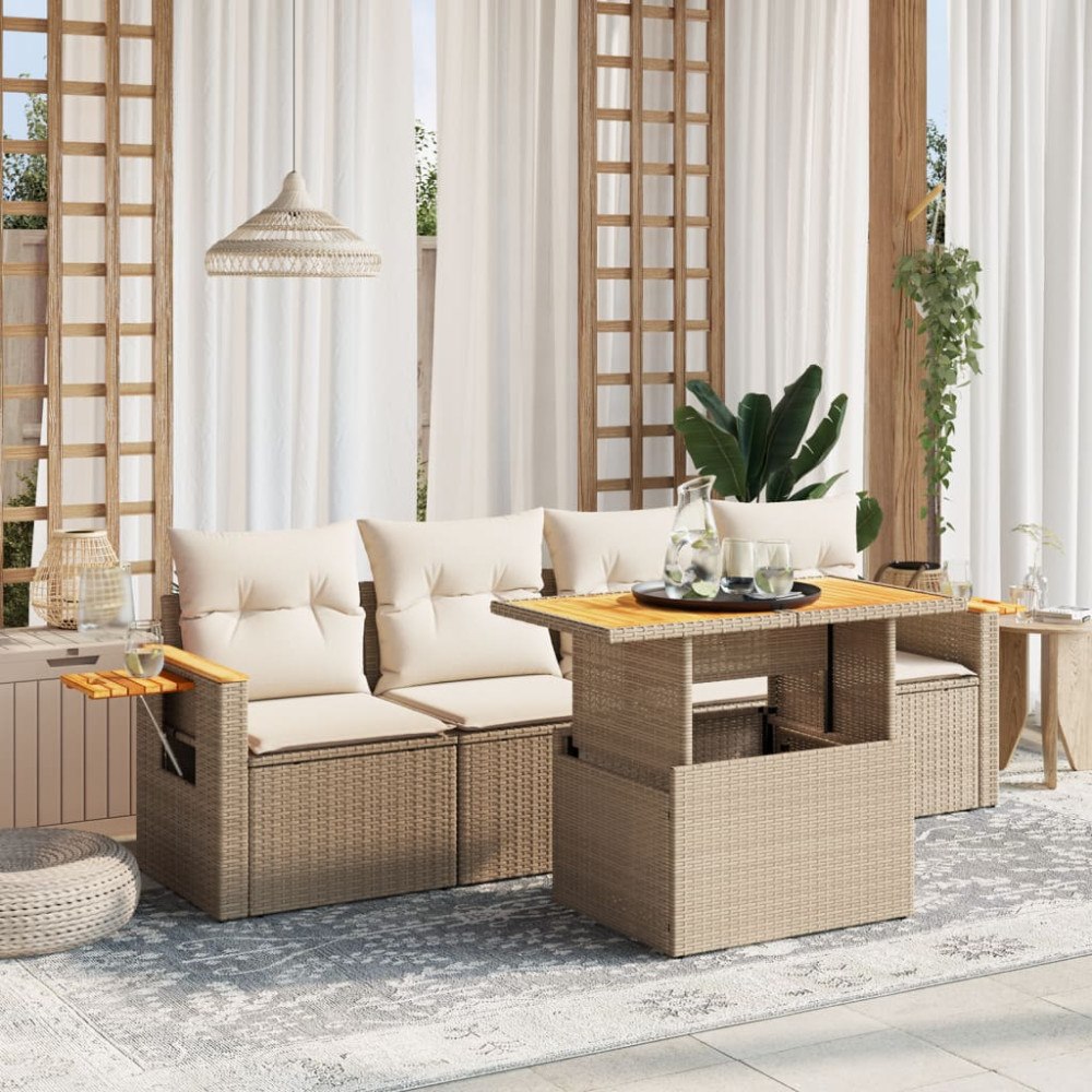 vidaXL Soffgrupp för trädgården med dynor 5 delar beige konstrotting