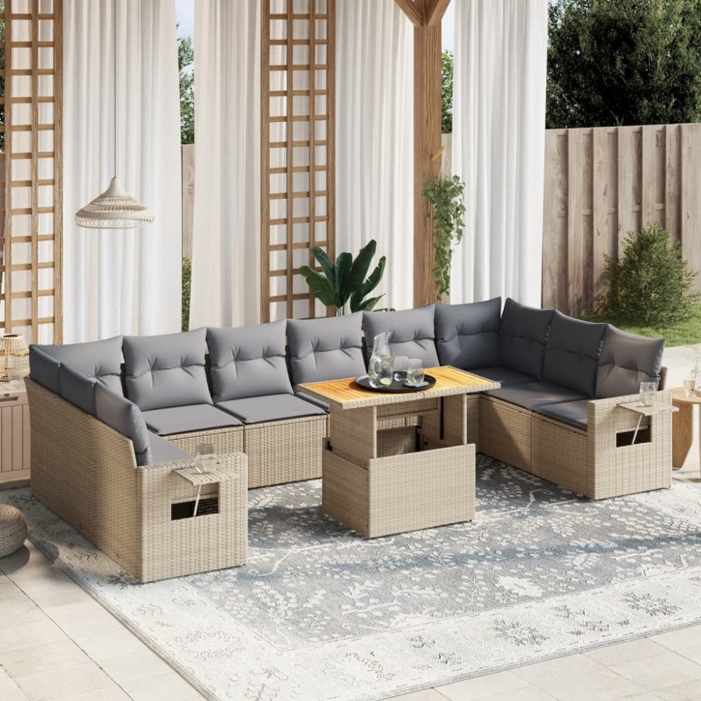 vidaXL Loungegrupp för trädgården m. dynor 11 delar beige konstrotting