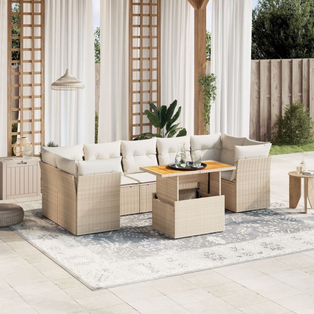 vidaXL Matgrupp för trädgården med dynor 8 delar beige konstrotting