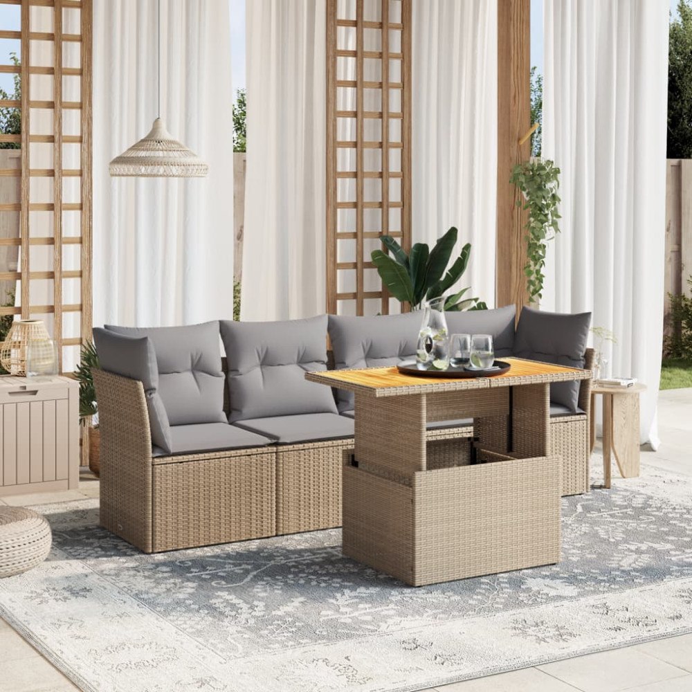 vidaXL Soffgrupp för trädgården med dynor 5 delar beige konstrotting