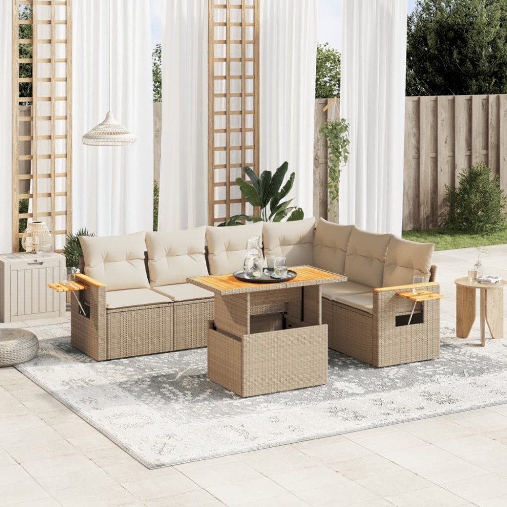 vidaXL Matgrupp för trädgården med dynor 7 delar beige konstrotting