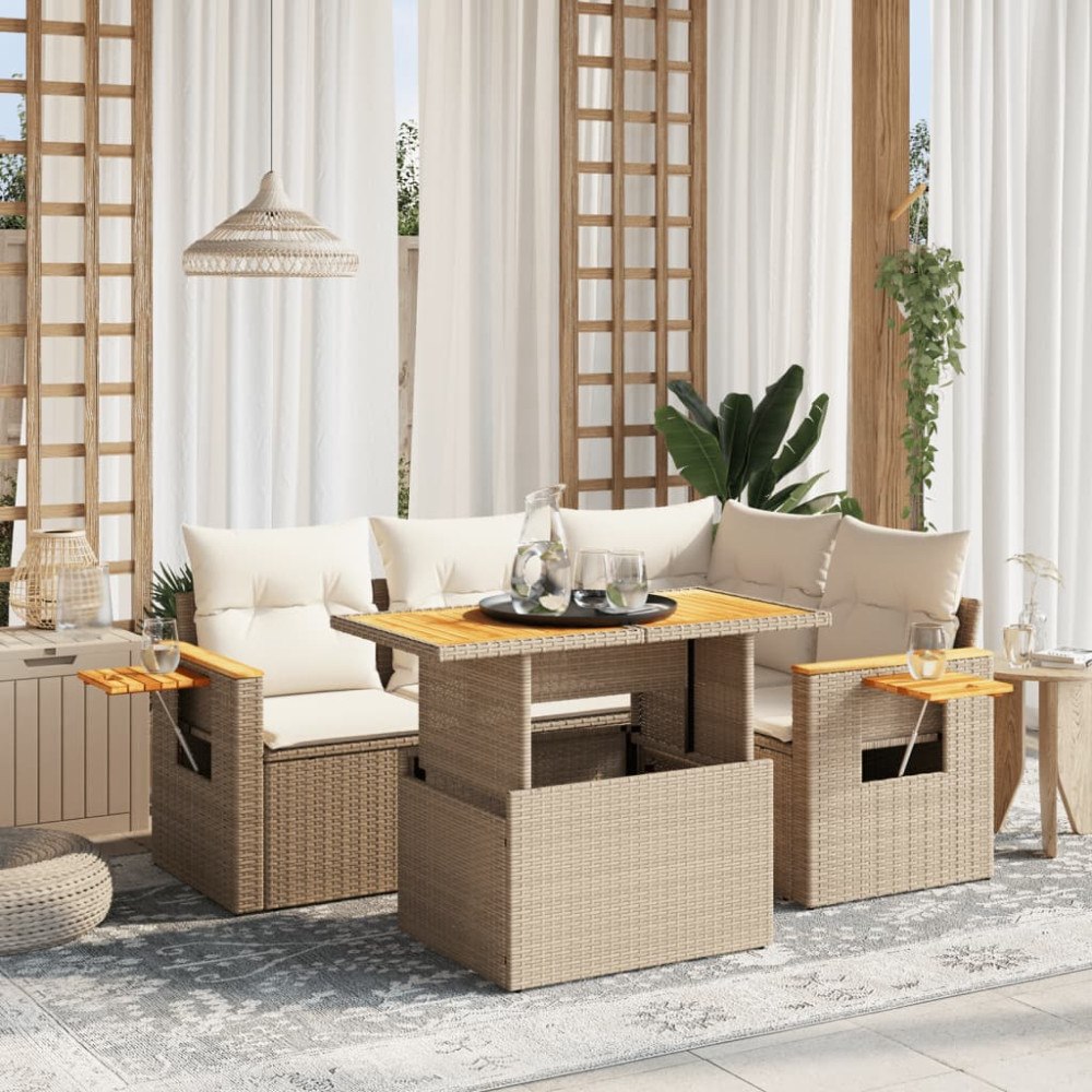 vidaXL Soffgrupp för trädgården med dynor 5 delar beige konstrotting