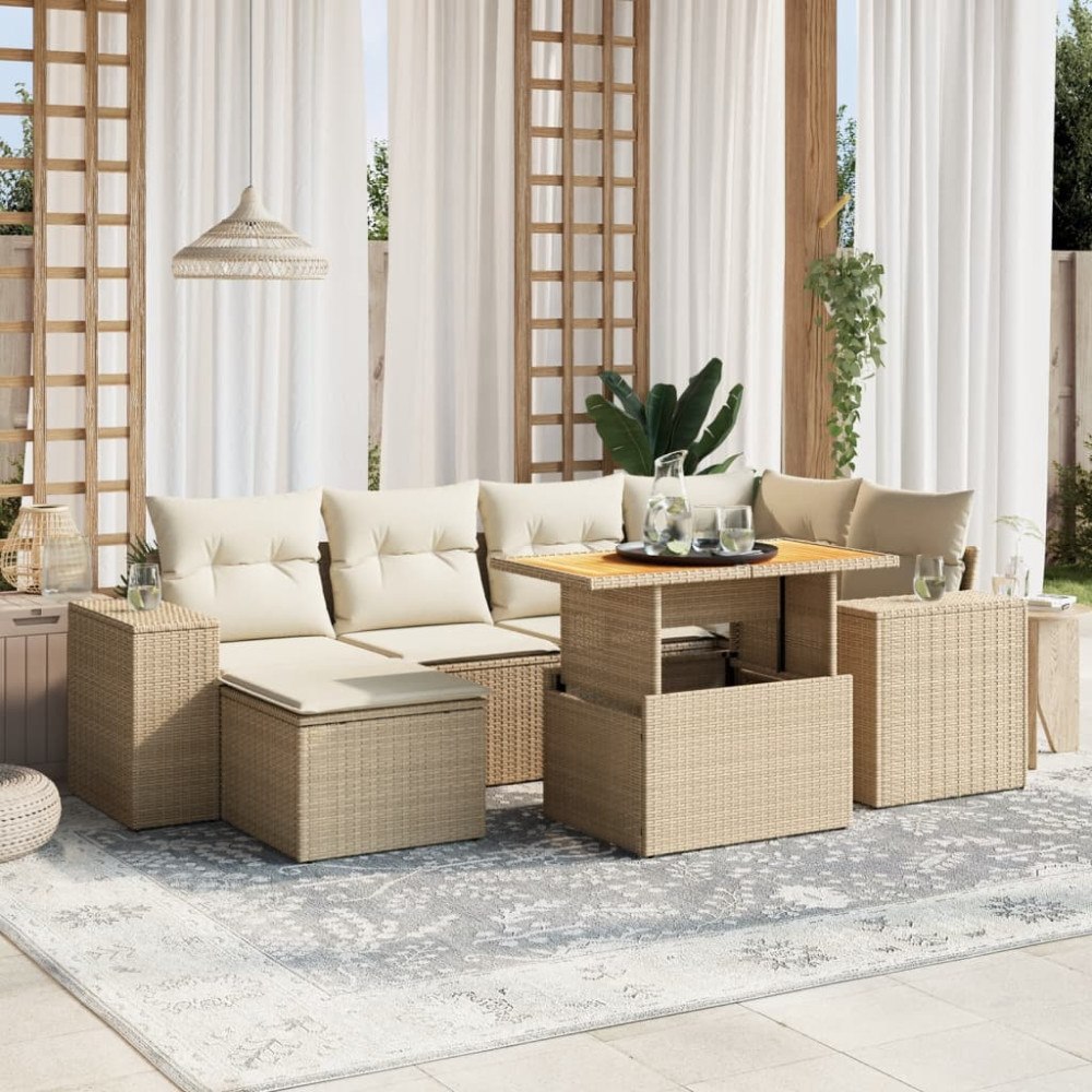 vidaXL Matgrupp för trädgården med dynor 7 delar beige konstrotting