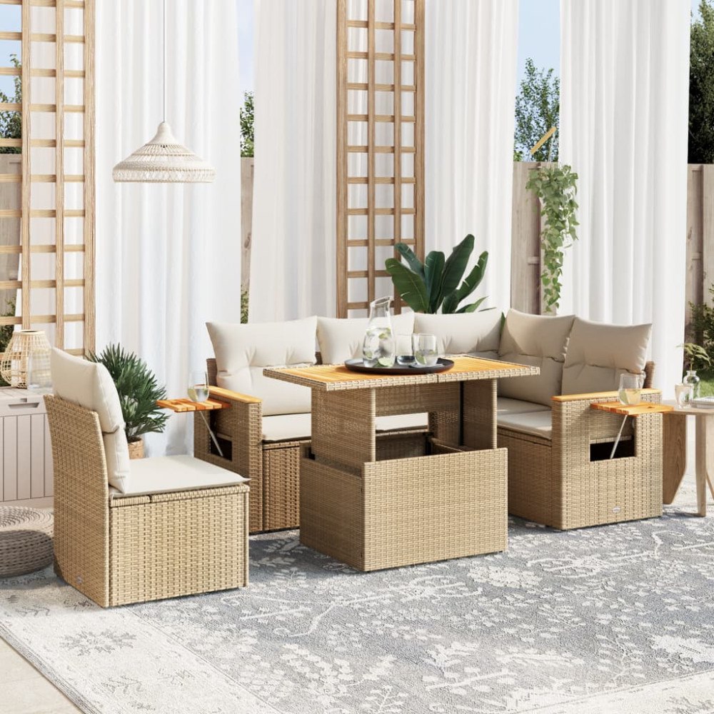 vidaXL Soffgrupp för trädgården med dynor 6 delar beige konstrotting
