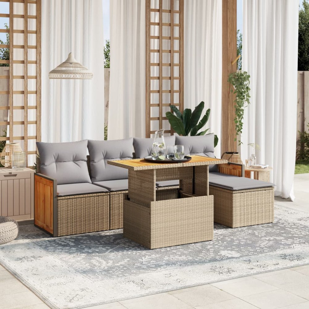 vidaXL Soffgrupp för trädgården med dynor 6 delar beige konstrotting
