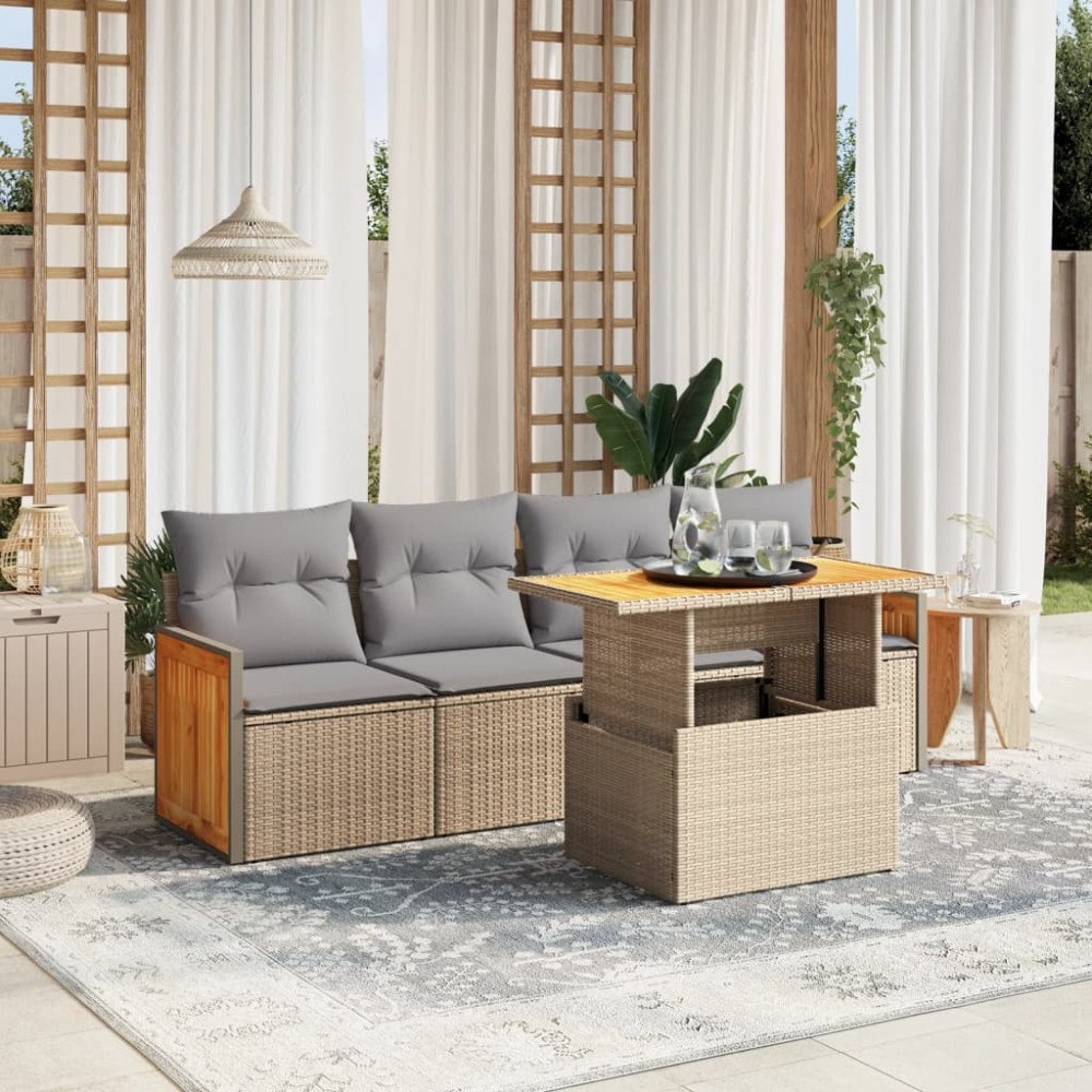 vidaXL Soffgrupp för trädgården med dynor 5 delar beige konstrotting