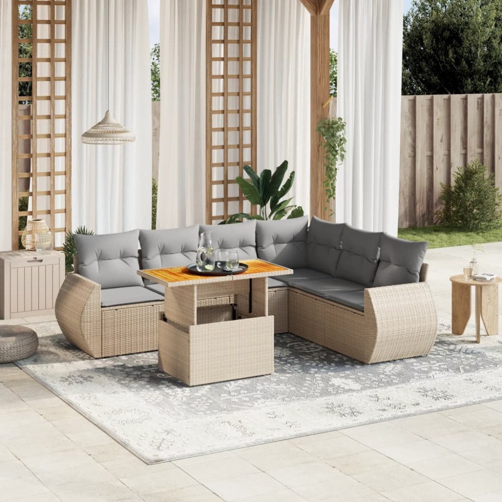 vidaXL Matgrupp för trädgården med dynor 8 delar beige konstrotting
