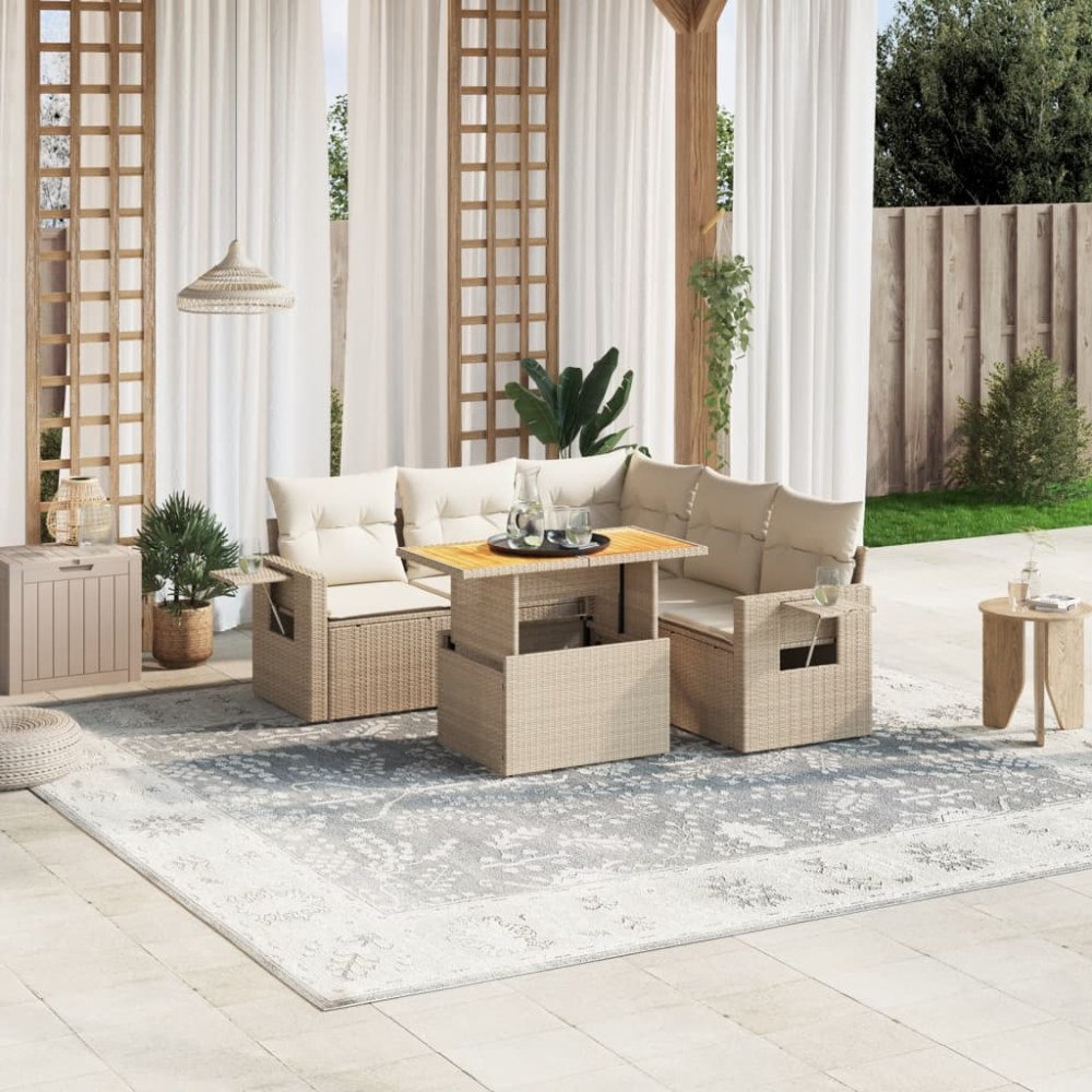 vidaXL Soffgrupp för trädgården med dynor 6 delar beige konstrotting
