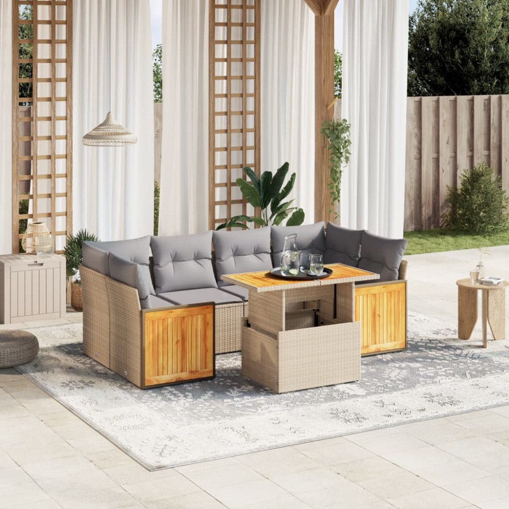 vidaXL Matgrupp för trädgården med dynor 7 delar beige konstrotting