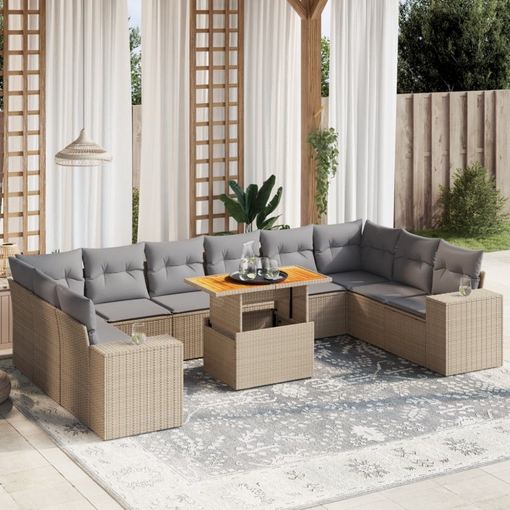 vidaXL Loungegrupp för trädgården m. dynor 11 delar beige konstrotting