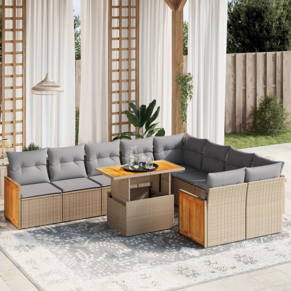 vidaXL Soffgrupp för trädgård med dynor 10 delar beige konstrotting