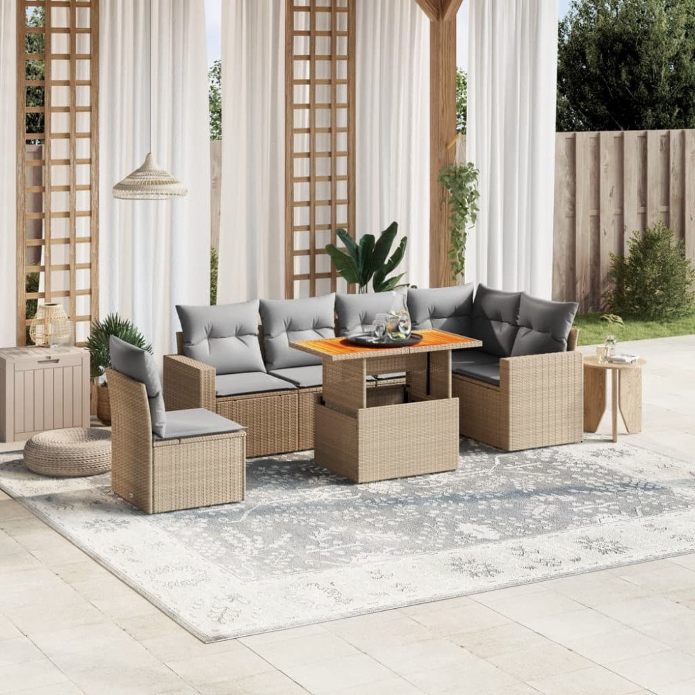 vidaXL Matgrupp för trädgården med dynor 7 delar beige konstrotting
