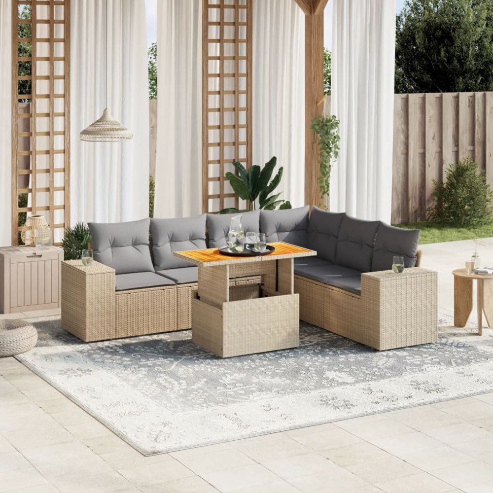 vidaXL Matgrupp för trädgården med dynor 7 delar beige konstrotting