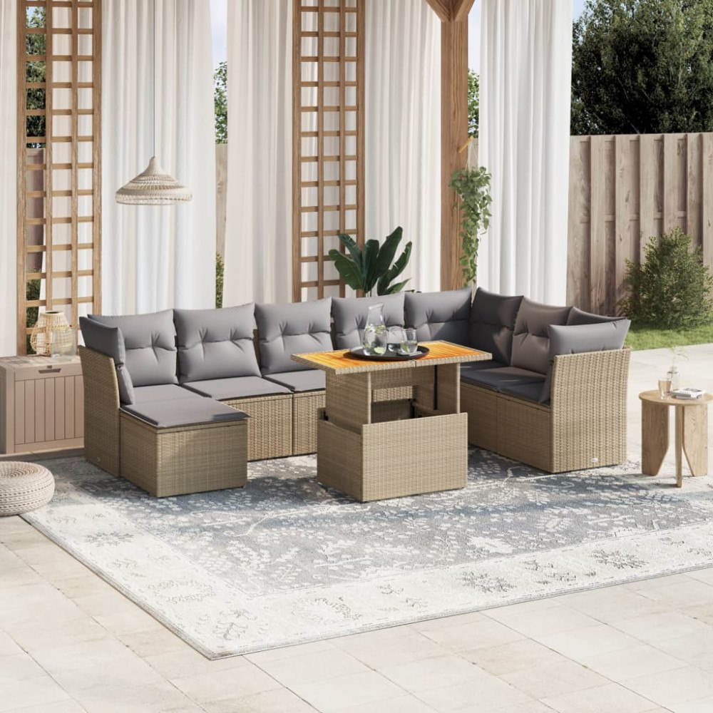 vidaXL Soffgrupp för trädgården med dynor 9 delar beige konstrotting