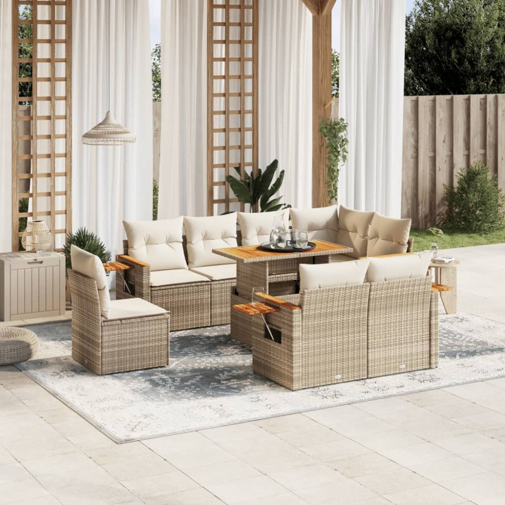 vidaXL Soffgrupp för trädgården med dynor 9 delar beige konstrotting