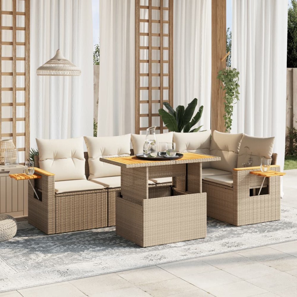 vidaXL Soffgrupp för trädgården med dynor 6 delar beige konstrotting