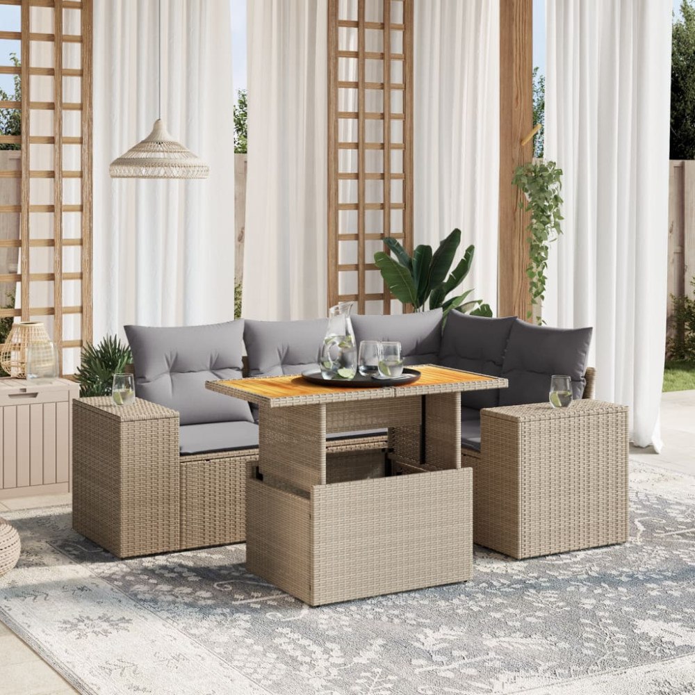 vidaXL Soffgrupp för trädgården med dynor 5 delar beige konstrotting